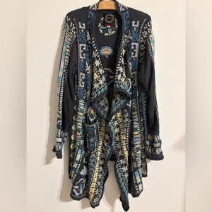 Johnny Was Navy Blue Asymmetrical Embroidered Cardigan